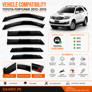 Toyota Fortuner 2012–2015 TXR Air Press Door Visors with Chrome Toyota Fortuner 2012–2015 TXR Air Press Door Visors with Chrome – OEM Smoke Black Rain Guards