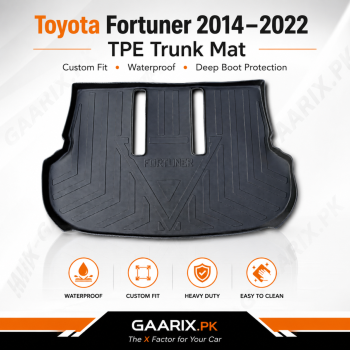 Toyota Fortuner 2014–2022 custom fit waterproof TPE trunk mat with raised edges and anti-slip boot liner for maximum cargo protection.