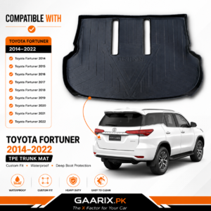 Toyota Fortuner 2014–2022 custom fit waterproof TPE trunk mat with raised edges and anti-slip boot liner for maximum cargo protection.