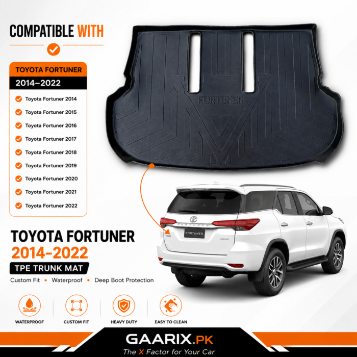 Toyota Fortuner 2014–2022 custom fit waterproof TPE trunk mat with raised edges and anti-slip boot liner for maximum cargo protection.
