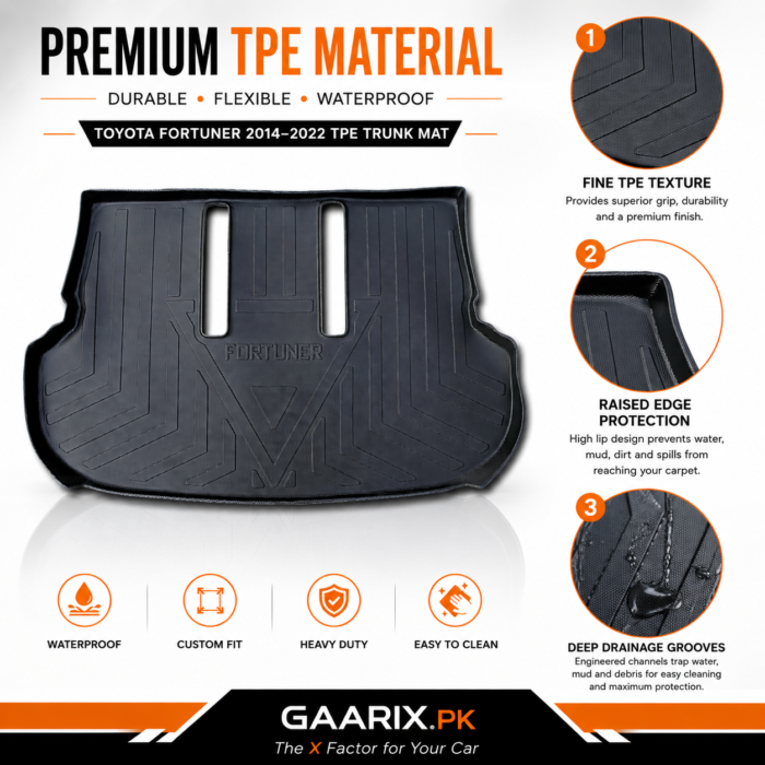 Toyota Fortuner 2014–2022 custom fit waterproof TPE trunk mat with raised edges and anti-slip boot liner for maximum cargo protection.