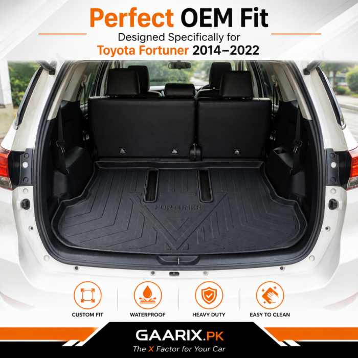 Toyota Fortuner 2014–2022 custom fit waterproof TPE trunk mat with raised edges and anti-slip boot liner for maximum cargo protection.