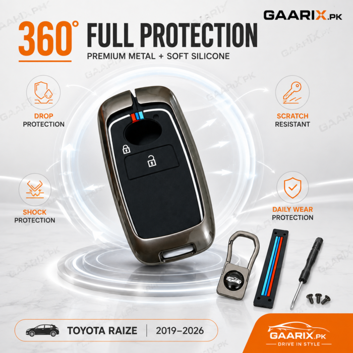 toyota-raize-2019-2026-metal-key-cover-gaarix-360-protection Toyota Raize 2019–2026 premium metal key cover with silicone inner case and accessories
