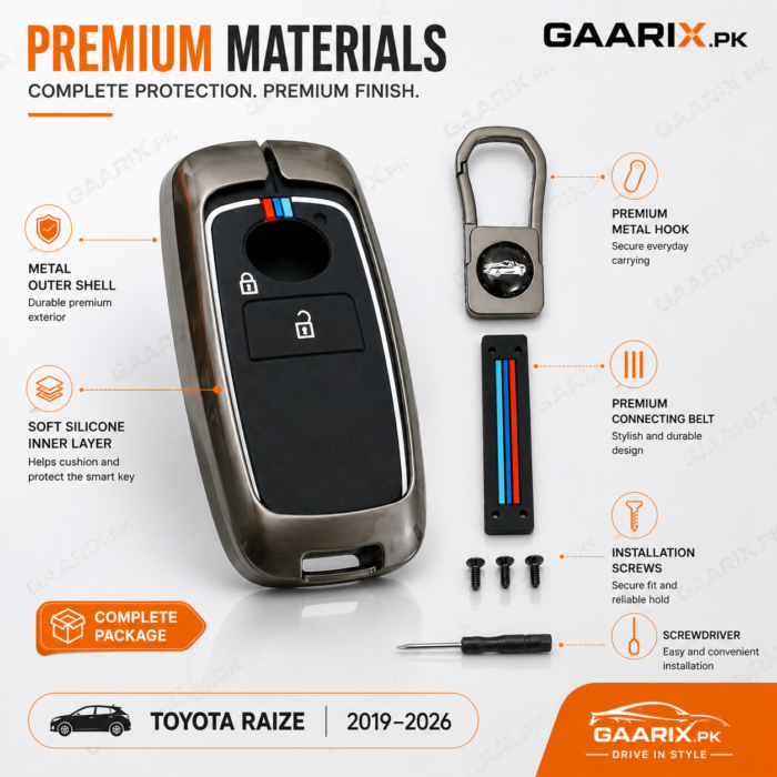 toyota-raize-2019-2026-metal-key-cover-gaarix-premium-quality Toyota Raize 2019–2026 premium metal key cover with silicone inner case and accessories