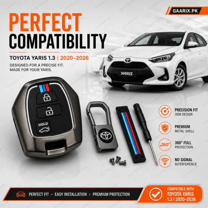 toyota-yaris-1-3-metal-key-cover-compatibility Toyota Yaris 2020–2026 1.3 premium metal key cover with accessories