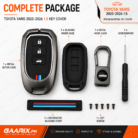 Toyota Yaris 2020–2026 1.5 premium metal smart key cover with zinc alloy shell, silicone inner case, hook, screwdriver and accessories.