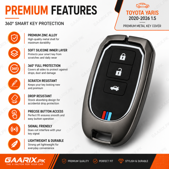 toyota-yaris-2020-2026-1-5-metal-key-cover-features Toyota Yaris 2020–2026 1.5 premium metal smart key cover with zinc alloy shell, silicone inner case, hook, screwdriver and accessories.