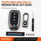 Toyota Yaris 2020–2026 1.5 premium metal smart key cover with zinc alloy shell, silicone inner case, hook, screwdriver and accessories.
