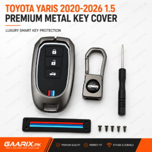 Toyota Yaris 2020–2026 1.5 premium metal smart key cover with zinc alloy shell, silicone inner case, hook, screwdriver and accessories.