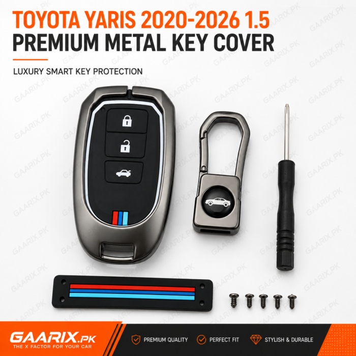 toyota-yaris-2020-2026-1-5-metal-key-cover-hero Toyota Yaris 2020–2026 1.5 premium metal smart key cover with zinc alloy shell, silicone inner case, hook, screwdriver and accessories.