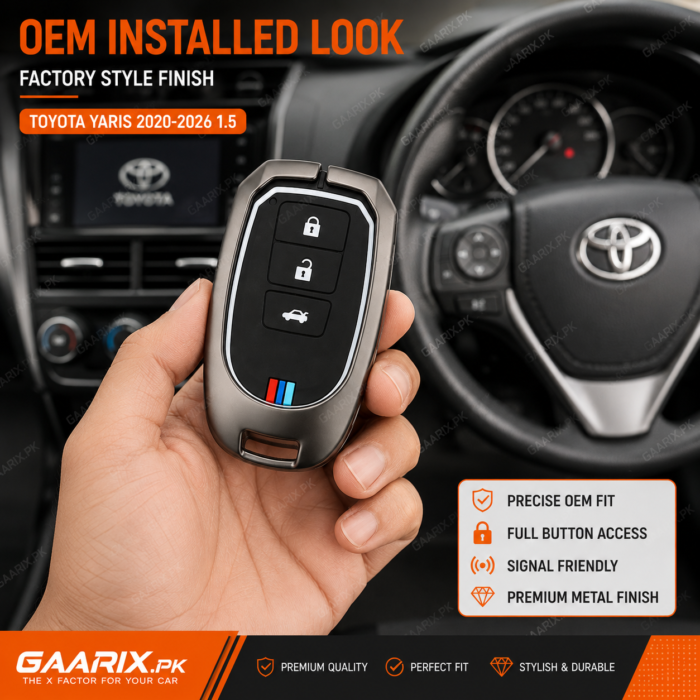 toyota-yaris-2020-2026-1-5-metal-key-cover-oem-fit Toyota Yaris 2020–2026 1.5 premium metal smart key cover with zinc alloy shell, silicone inner case, hook, screwdriver and accessories.