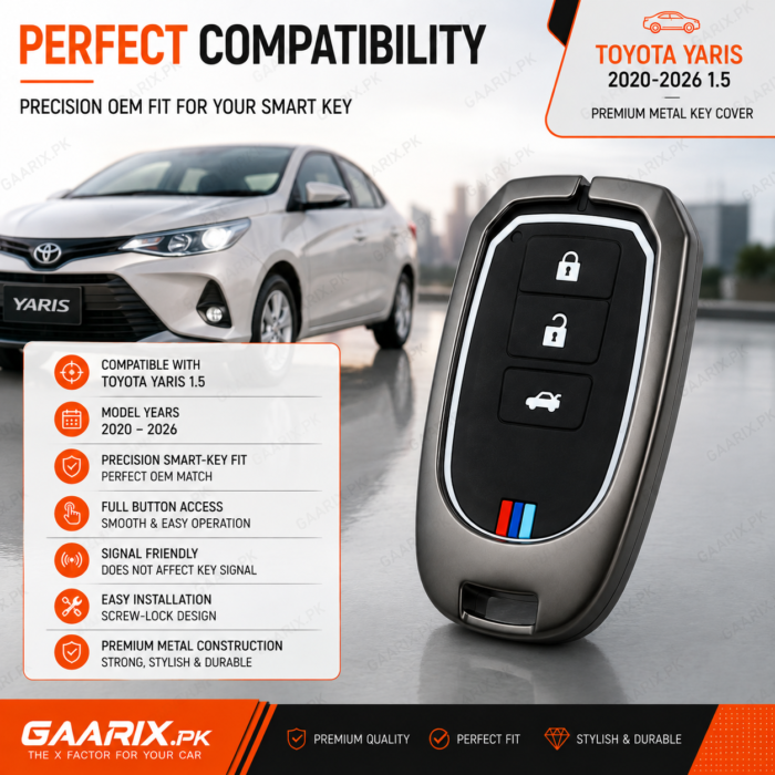 toyota-yaris-2020-2026-1-5-metal-key-cover-perfect-compatibility Toyota Yaris 2020–2026 1.5 premium metal smart key cover with zinc alloy shell, silicone inner case, hook, screwdriver and accessories.