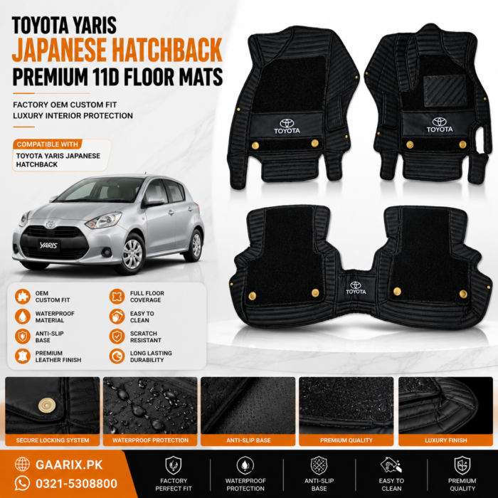 Toyota Yaris Japanese Hatchback Premium 11D Waterproof Custom Fit Luxury Leather Floor Mats Black OEM Style