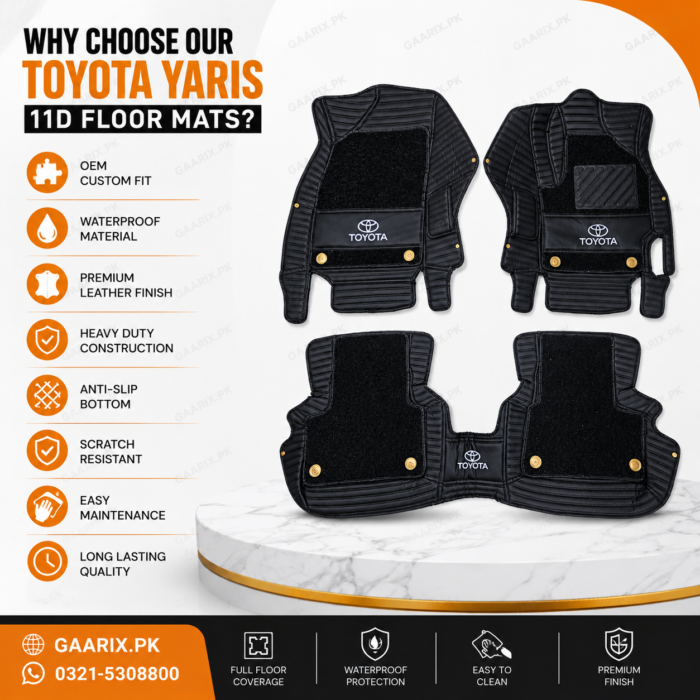 Toyota Yaris Japanese Hatchback Premium 11D Waterproof Custom Fit Luxury Leather Floor Mats Black OEM Style