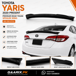 Toyota Yaris 2020–Present Premium ABS OEM Style Gloss Black Rear Trunk Spoiler Wing Installed on White Toyota Yaris