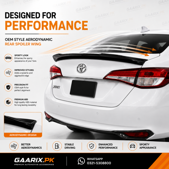 toyota-yaris-rear-spoiler-performance Toyota Yaris 2020–Present Premium ABS OEM Style Gloss Black Rear Trunk Spoiler Wing Installed on White Toyota Yaris