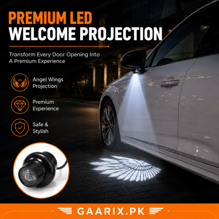universal-mirror-welcome-projector-light-installed Universal Mirror Welcome Projector Light with Angel Wings LED Projection Kit – Waterproof DC 12V Car Courtesy Lights | GAARIX.PK