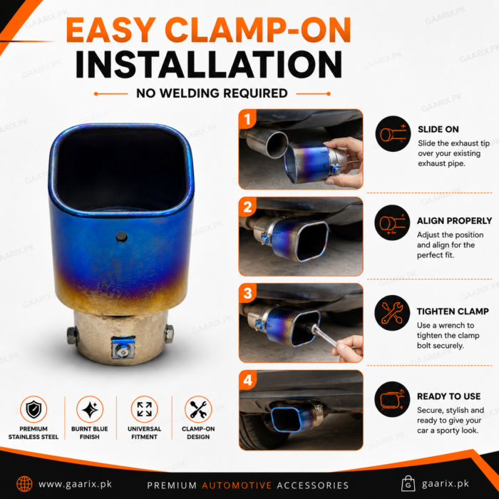 Burnt-Blue-Exhaust-Tip-Universal-Installation Universal Burnt Blue Exhaust Tip – Premium Stainless Steel Clamp-On Muffler Tip | Square Design