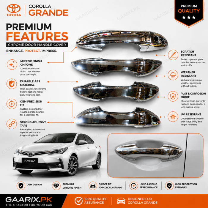 Toyota Corolla Grande Premium ABS Chrome Door Handle Cover Features Toyota Corolla Grande Premium ABS Chrome Door Handle Cover OEM Fit