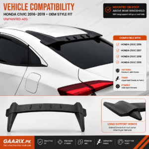 Honda Civic 2016–2019 Rear Roof Window Visor installed above the rear windshield with long roof-side support wings, unpainted ABS OEM style roof spoiler, ready to paint.