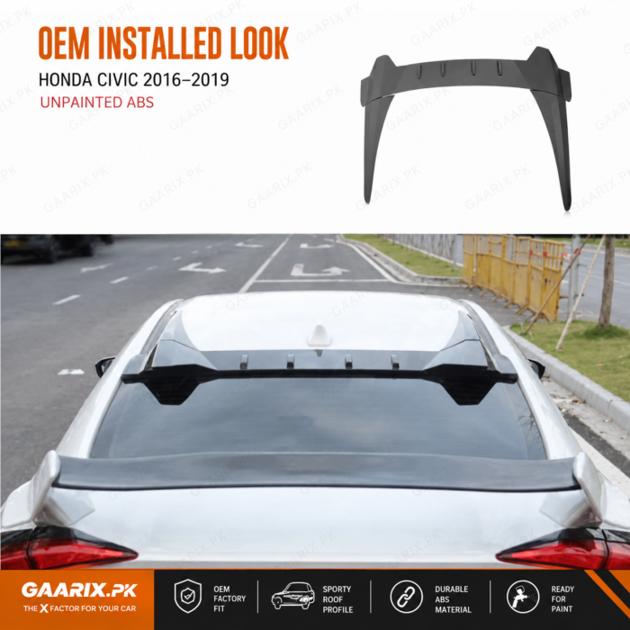 honda-civic-2016-2019-rear-roof-window-visor-unpainted-abs-oem-fit Honda Civic 2016–2019 Rear Roof Window Visor installed above the rear windshield with long roof-side support wings, unpainted ABS OEM style roof spoiler, ready to paint.