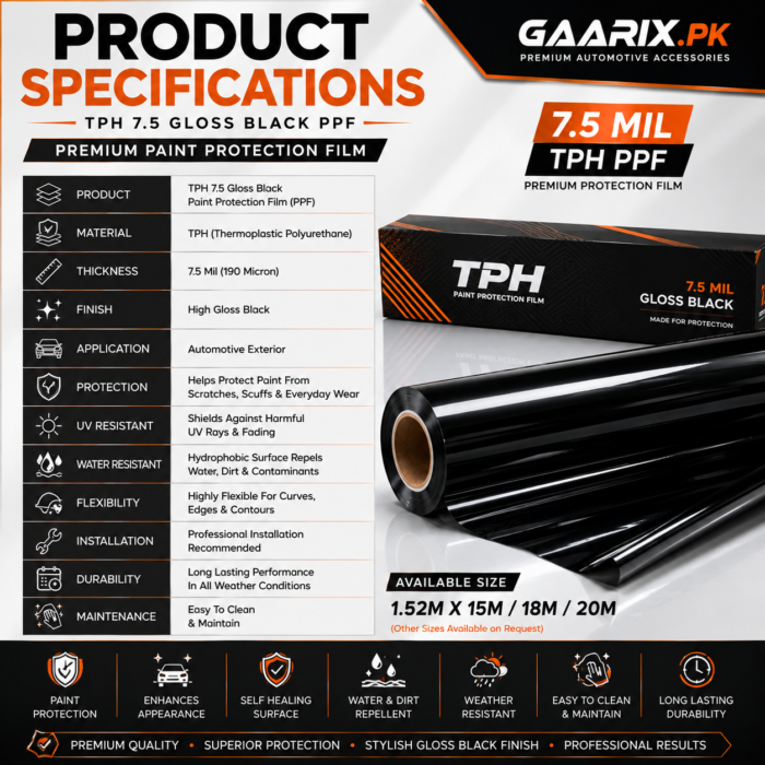 tph-7-5-gloss-black-paint-protection-film-specifications TPH 7.5 Gloss Black Paint Protection Film for Cars