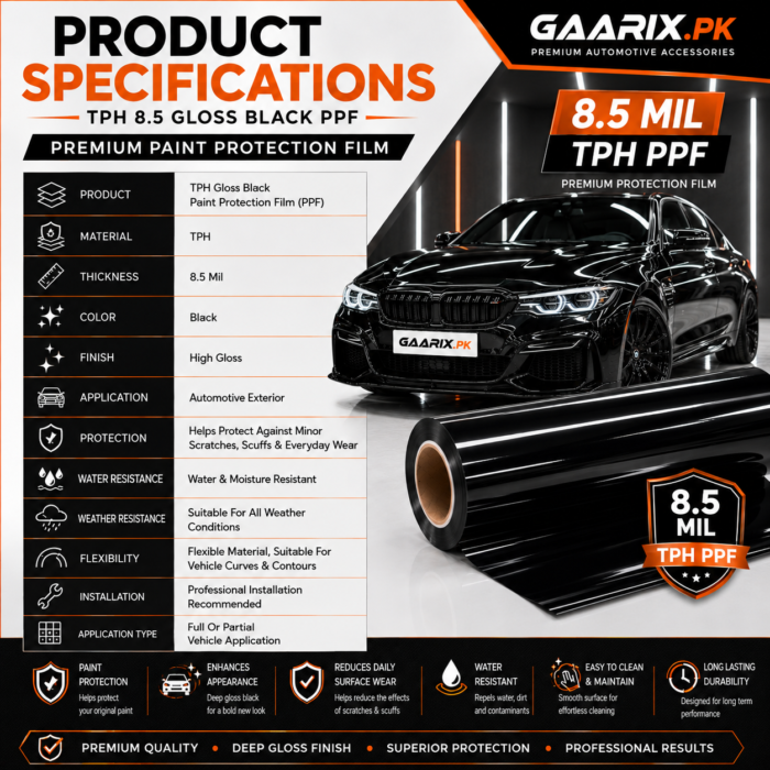 tph-8-5-gloss-black-ppf-pakistan-specifications TPH 8.5 Gloss Black Paint Protection Film PPF for Cars in Pakistan